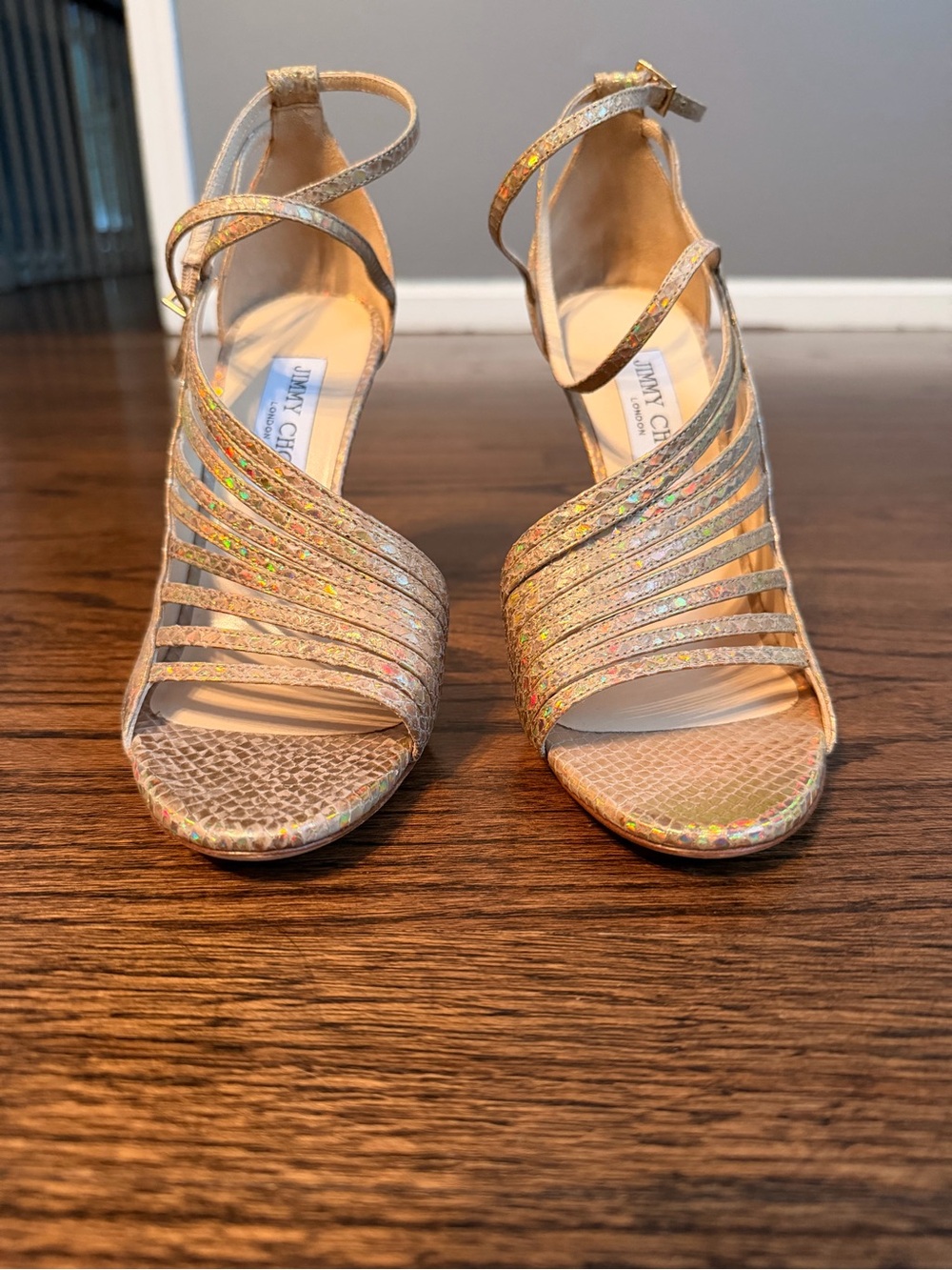 Jimmy Choo Metallic Iridescent Strappy High Heels – Size 38